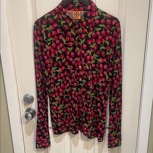Tory Burch Women’s 100% Silk Button Down Cherry Blouse Top Long Sleeve Size M